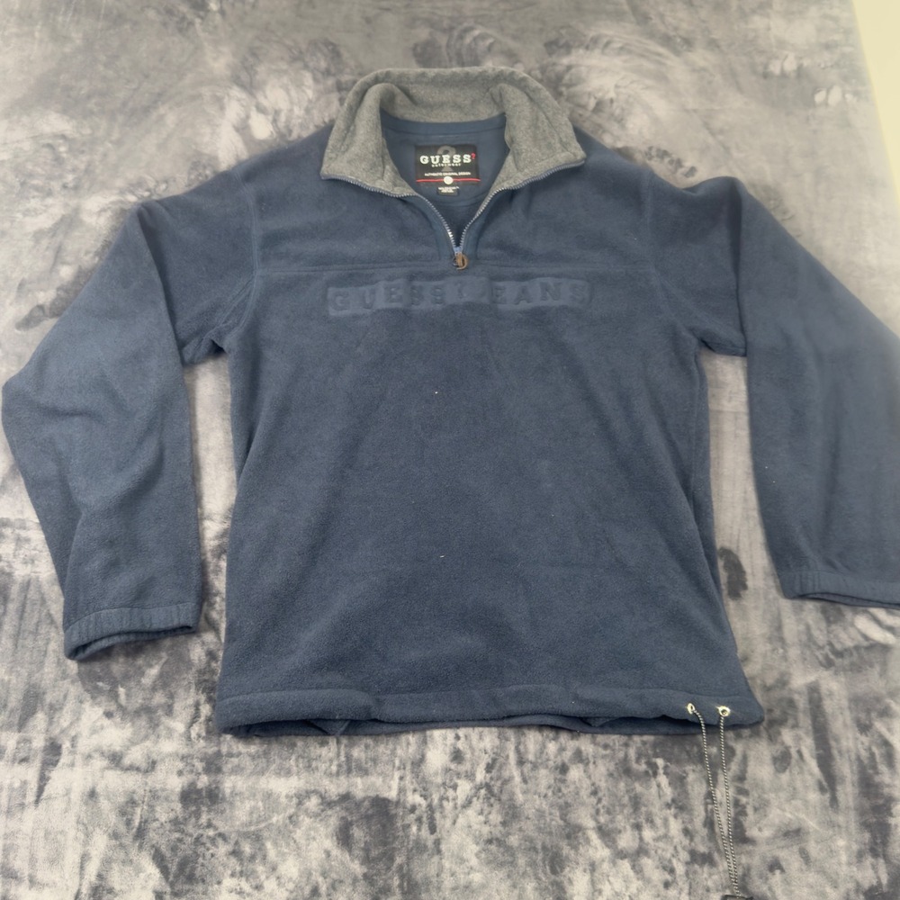 Vintage Guess Fleece Pullover Mens Large Navy Blue Quarter Zip Embossed Logo
